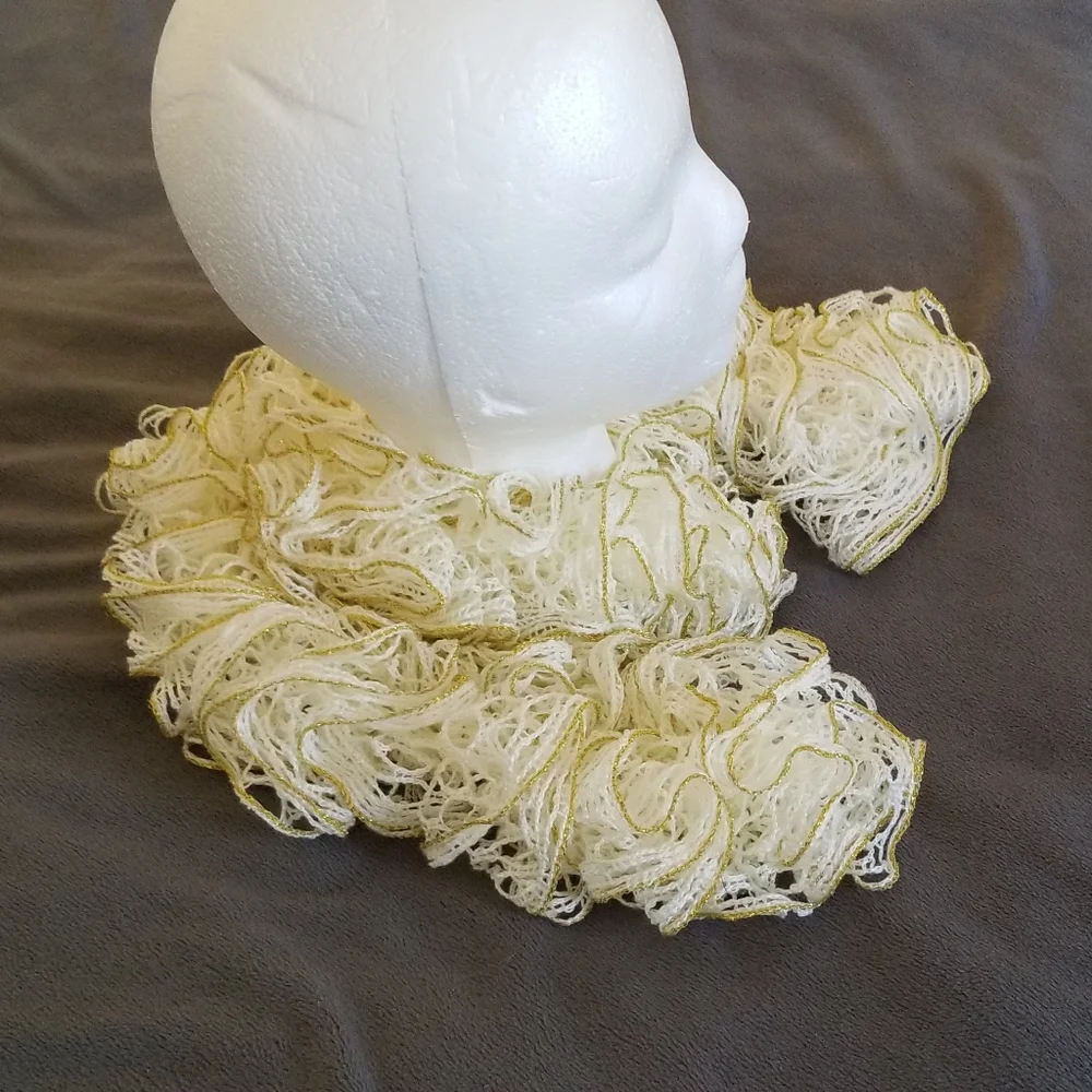 Handmade White and Gold Ruffle Scarf